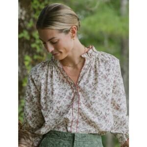 Baybala Cotton Blend Ditsy Floral Harper Blouse with Green Trim Women's Sz. XS